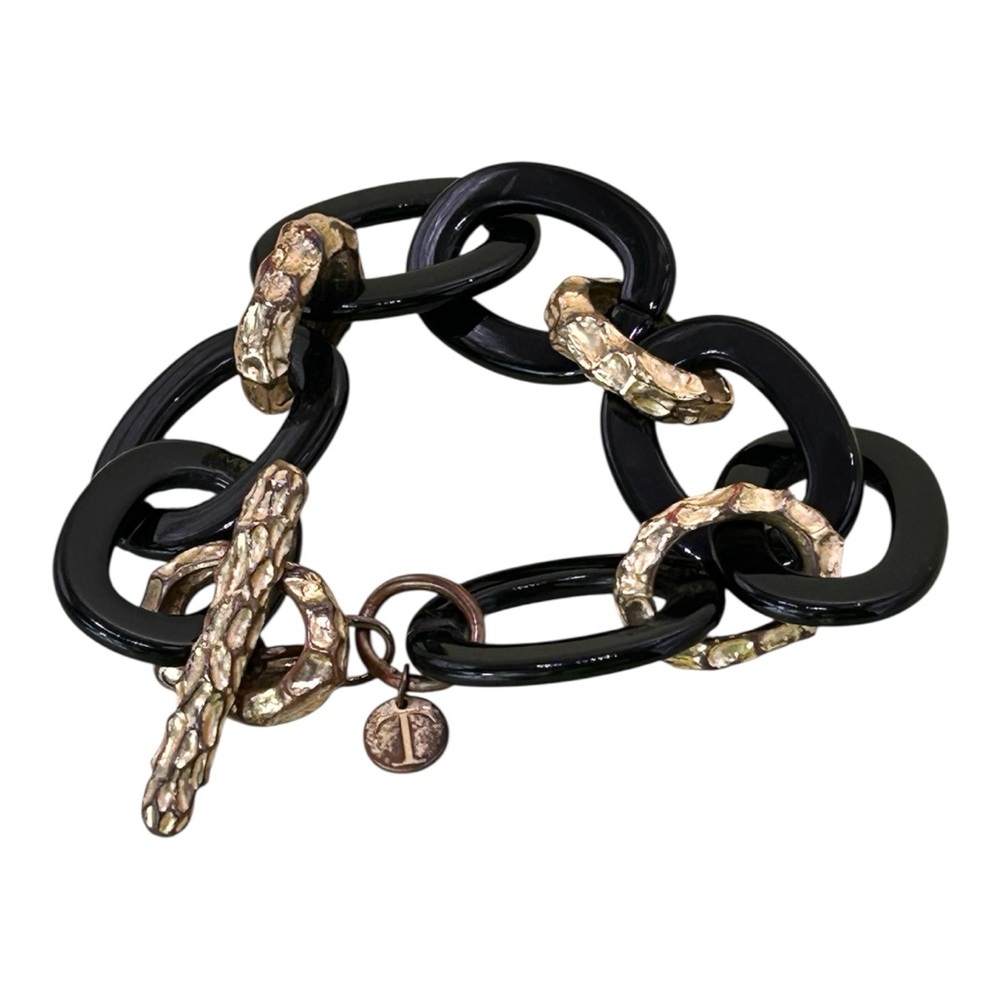 Vintage Trifari* Wide Hammered Gold & Black Open Link Bracelet w/Toggle Clasp 8” - Picture 5 of 8